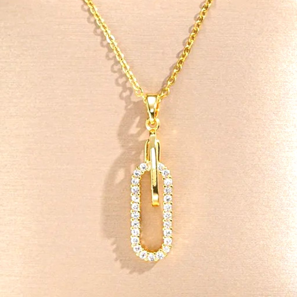 Very Tiny Elongated Oval 18k Gold Dip Encrusted With Cz Pendant Necklace